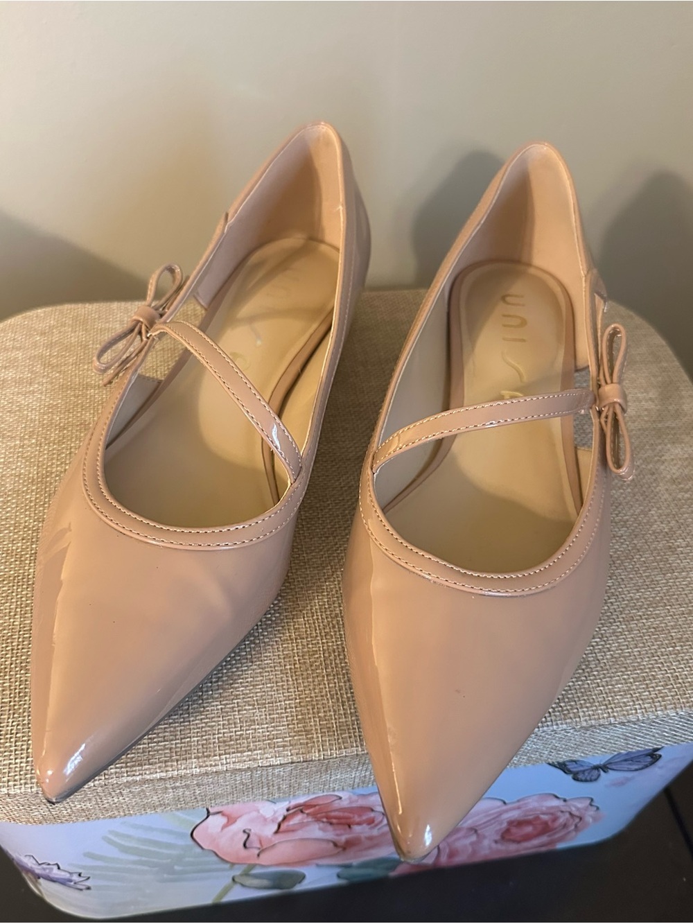 Unisa Nude Patent Pointed-Toe Mary Jane Flats - Size 7